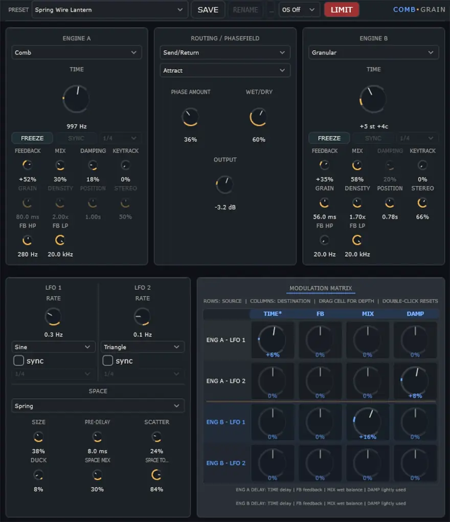 CombGrain — Dual engines, routing, modulation, Space