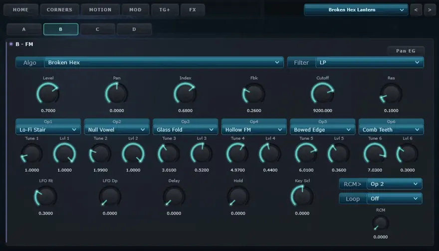 Ghost Vector — 6-op FM corner — 45 algorithms, RCM