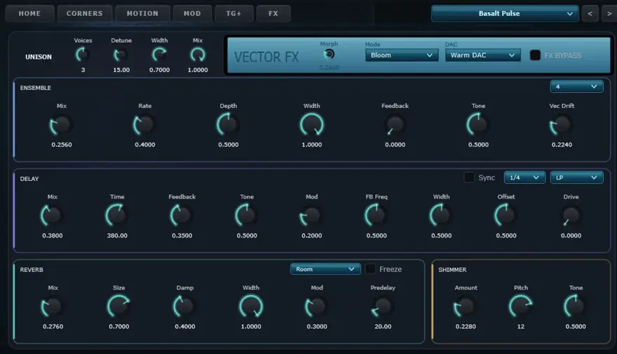 Ghost Vector — FX — unison, morph, delay, reverb, shimmer