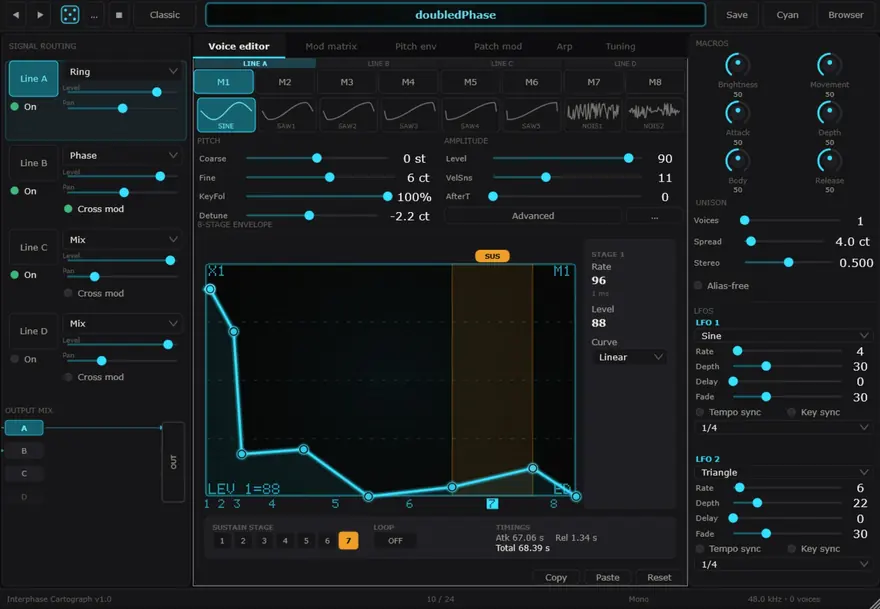 Interphase Cartograph — Voice editor — waveform bank, pitch, 8-stage envelope