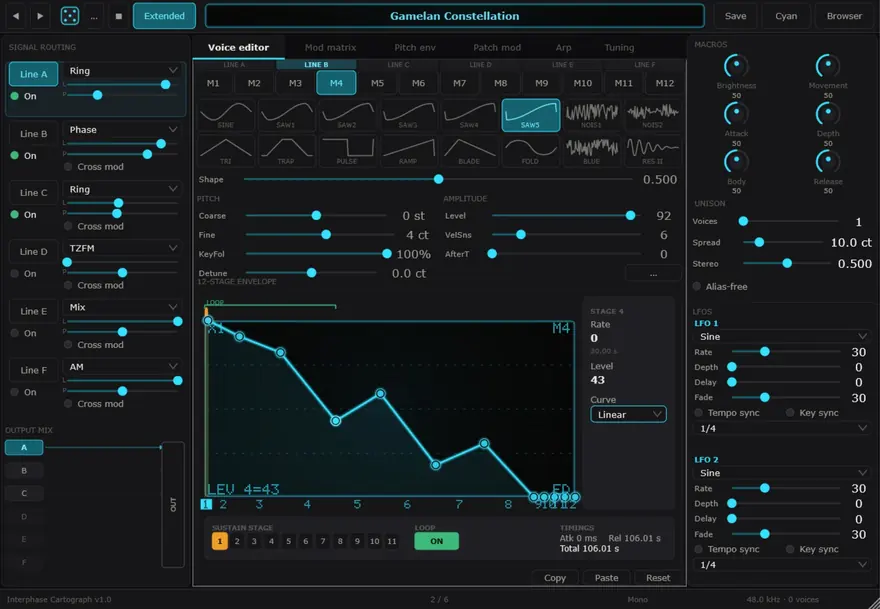 Interphase Cartograph — Extended — six lines, twelve modules, 16 waveforms