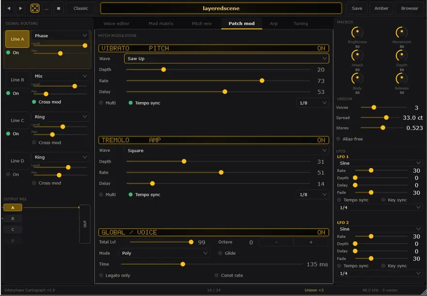 Interphase Cartograph — Patch mod — vibrato and tremolo, amber theme