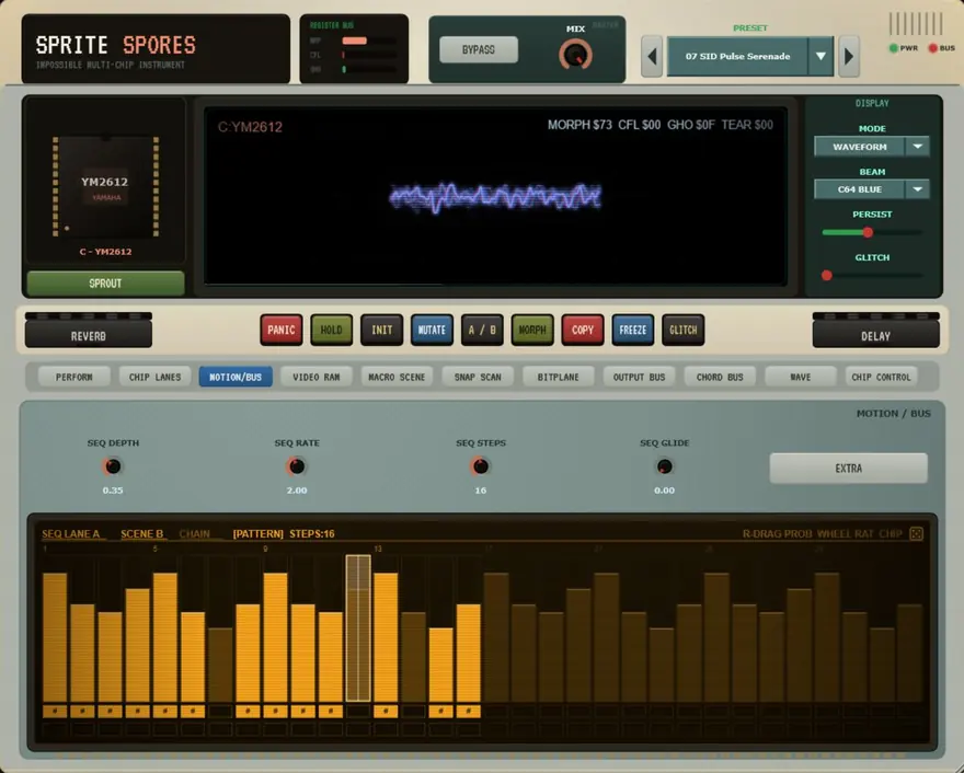 Sprite Spores — Motion — the register sequencer and its 32-step grid