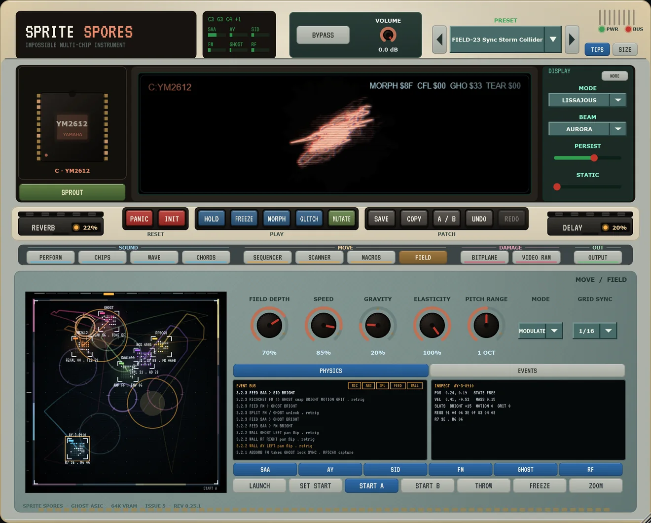 Sprite Spores &mdash; Collision Field &mdash; chips as sprites, trading settings when they meet