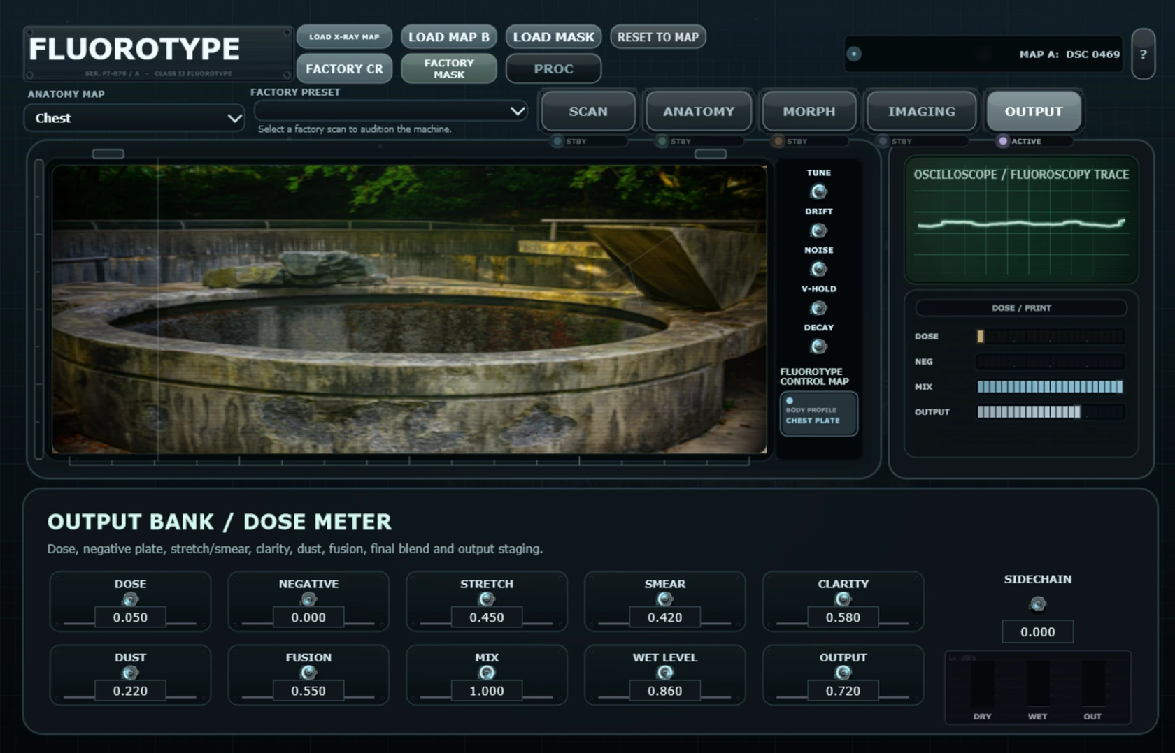 Fluorotype Output bank interface showing Dose Meter controls
